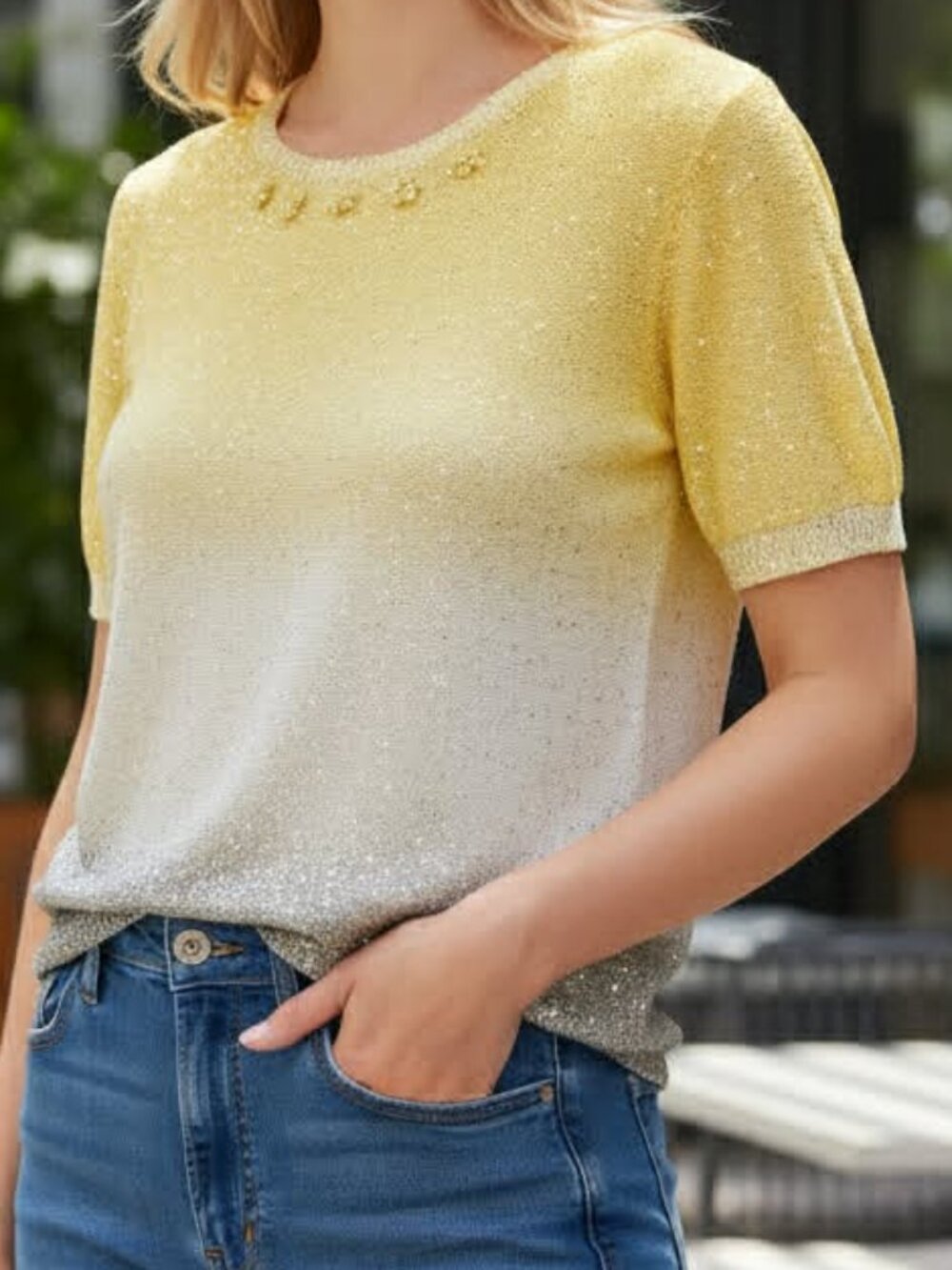 Alfred Dunner Short-Sleeve Sequin Knit Blouse Yellow -to- Grey Ombre Design PXL